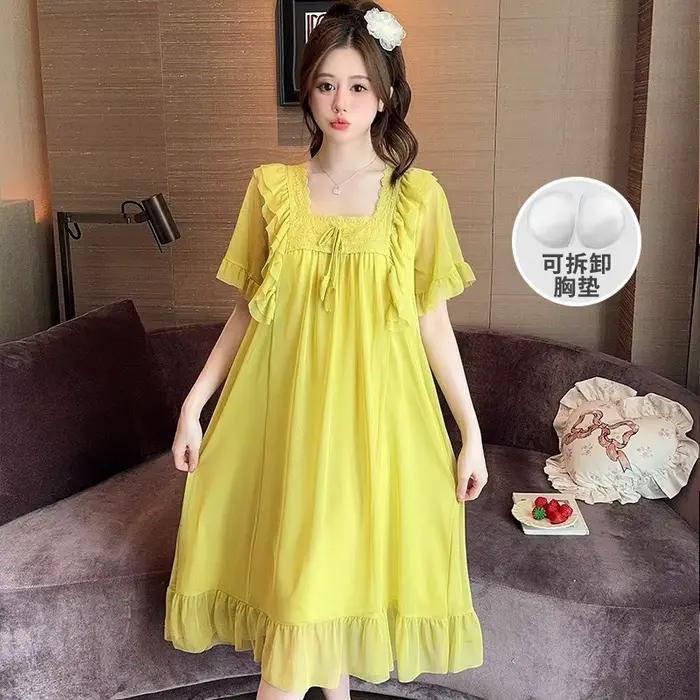 Robe de nuit style princesse pour femme, manches courtes, en maille fine, vêtements d'intérieur ampl