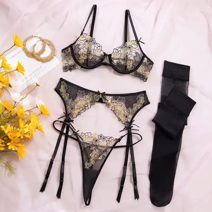 Ensemble de lingerie sexy et luxueux en dentelle 4 pièces avec broderie florale, soutien-gorge sexy,
