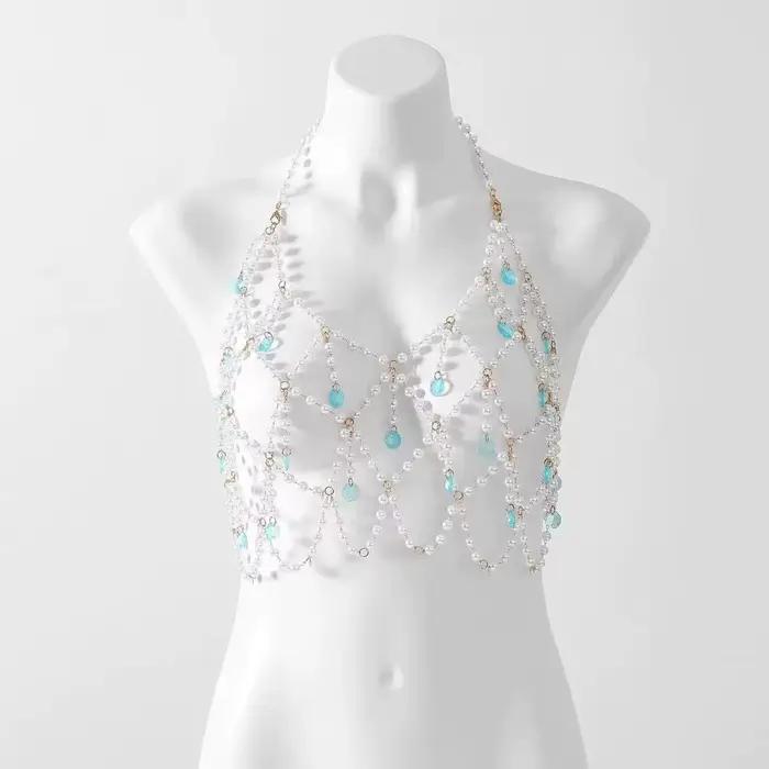 Bustier perlé pour femme, haut de bikini, vêtement de plage, lingerie, style club et rave, avec col 
