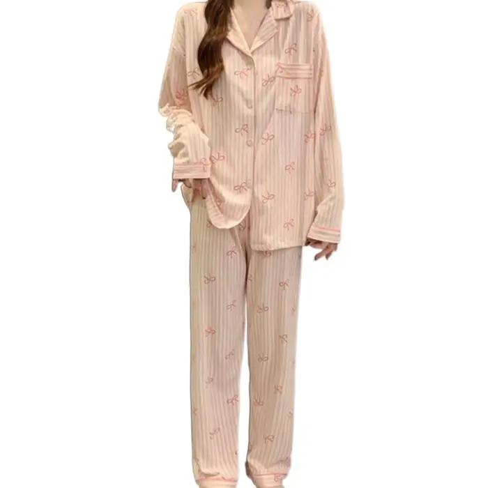 Ensemble de pyjama élégant à rayures avec nœud, style coréen décontracté, doux et confortable, deux 