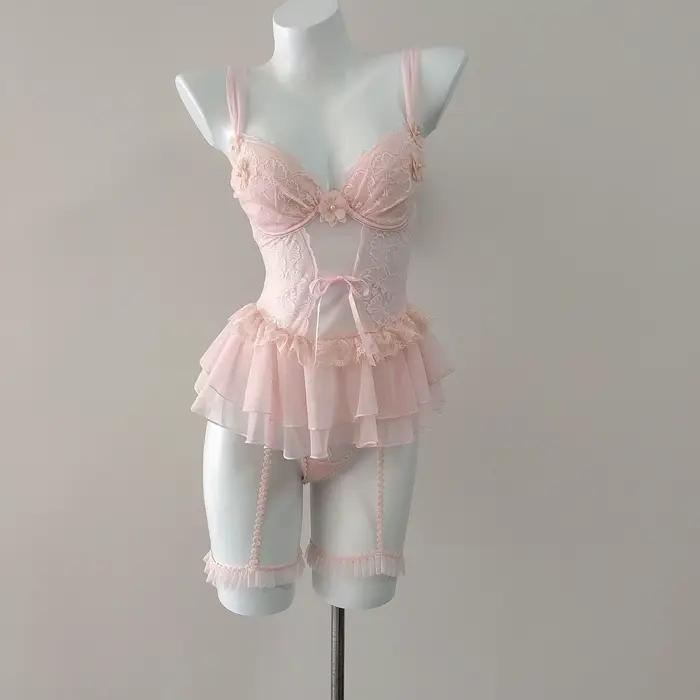 Ensemble de lingerie sexy française romantique à motifs floraux, comprenant un corset-gilet aminciss