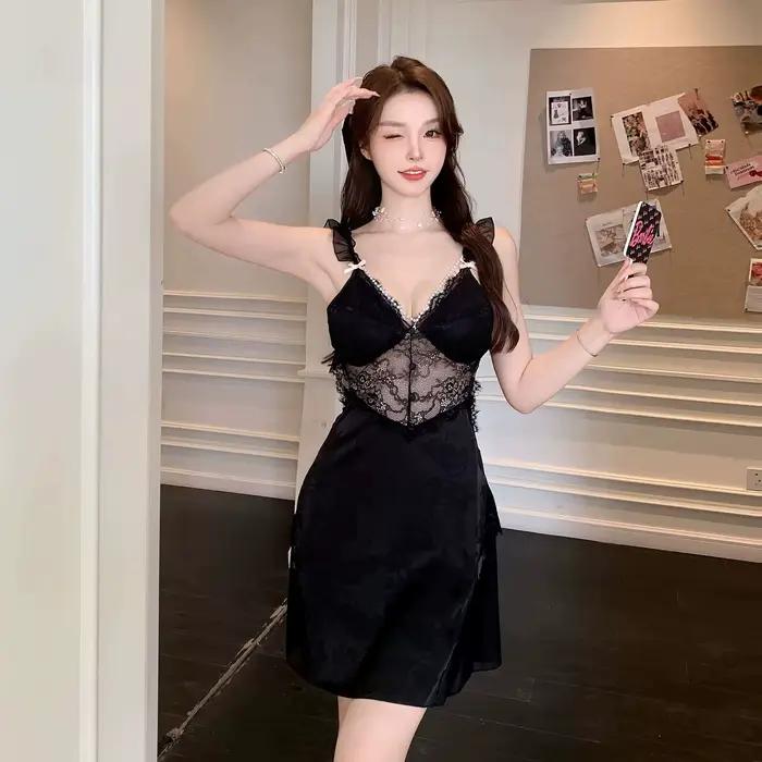 Sexy dos nu chemise de nuit maison robe de chambre évider Lingerie Spaghetti sangle chemise de nuit 