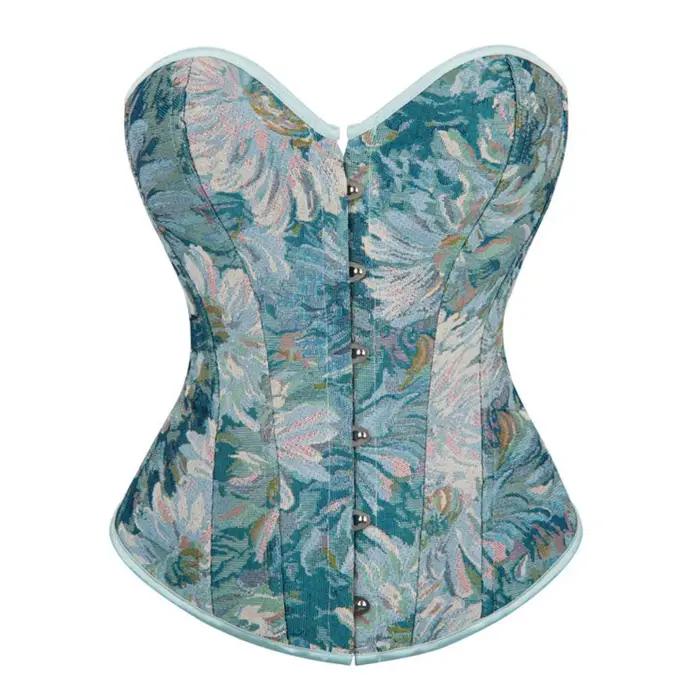 Corset floral aquarelle bleu sarcelle pour femme, avec boucle métallique sur le devant et laçage au 