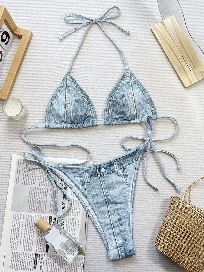Maillot de bain sexy imprimé pour femmes, bikini, bandage, col licou, trikini, tenue de plage, livra
