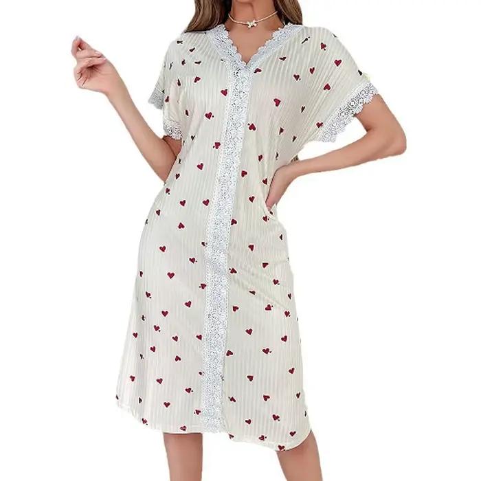 Chemises de nuit pour femmes, vêtements de nuit, col en v, robe en dentelle, imprimé cœur doux, vête