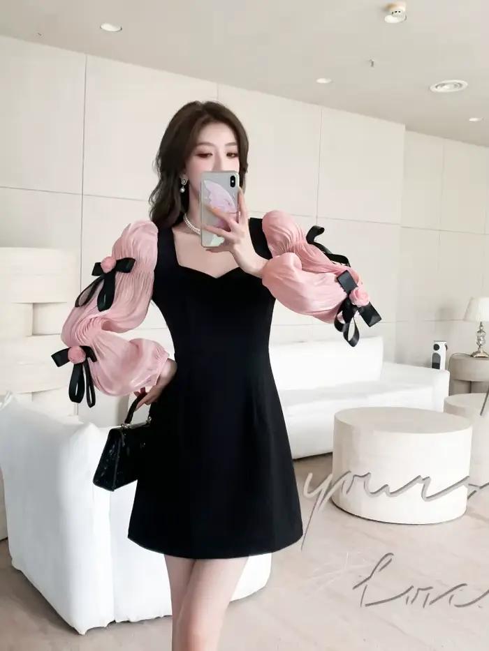 Mini robe courte à nœud doux pour femmes, tenue de soirée, mode coréenne, Design Chic, manches bouff