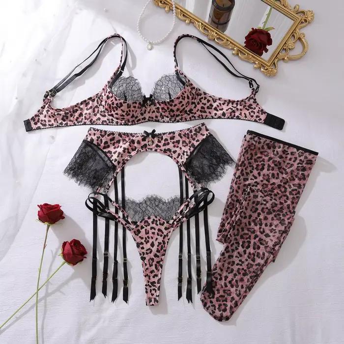 Ensemble de 5 pièces de soutien-gorge léopard sauvage, Lingerie Sexy, avec bas, costume d'équitation
