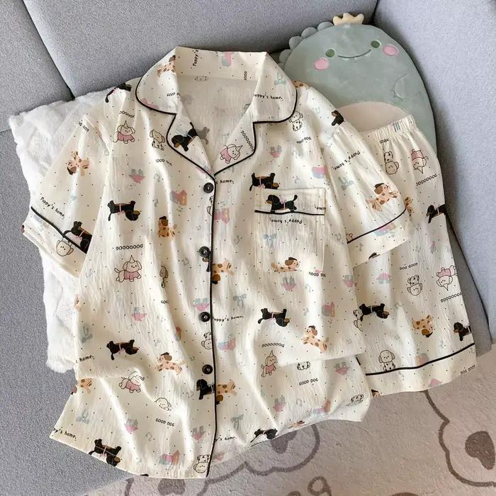 Pyjama d'été pour femme, style fin avec motif chiot, short à manches courtes, doux et mignon, peut ê