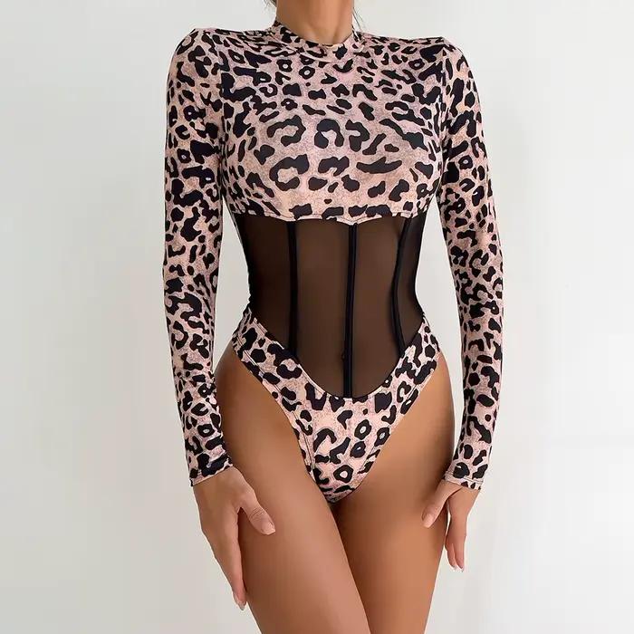 Haut moulant léopard Sexy pour femmes, combinaison modelante, tongs, une pièce, Chic, manches longue