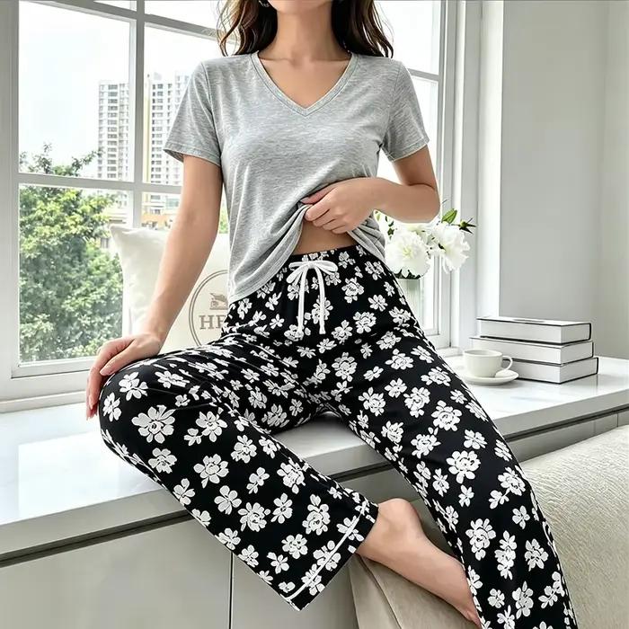 Pyjamas européens et américains pour femmes, ensemble décontracté d'été à manches courtes et pantalo