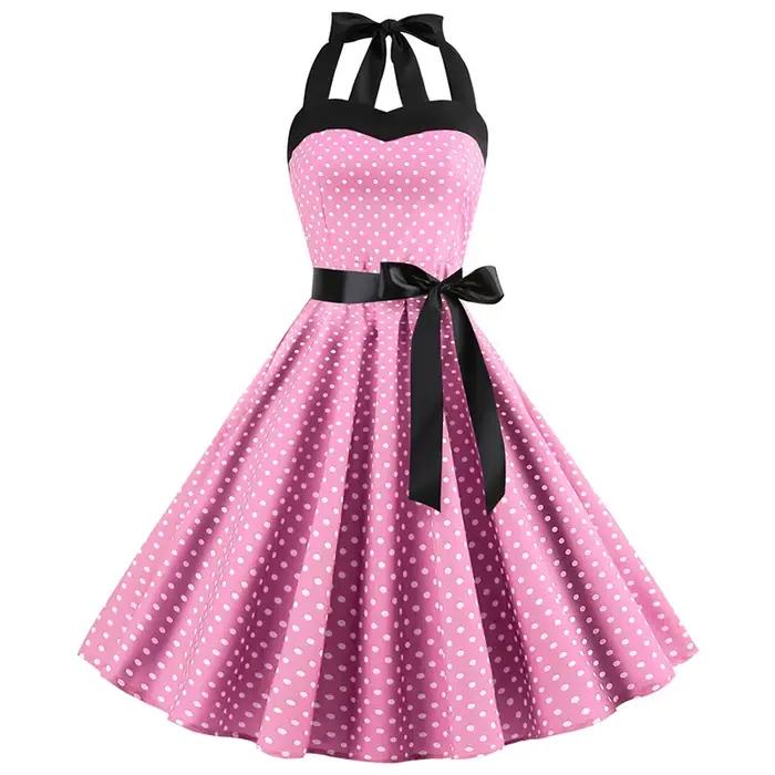 Robe Sexy rétro blanche à pois, Hepburn, Vintage, col licou, Robe de soirée, années 50 et 60, Pin Up