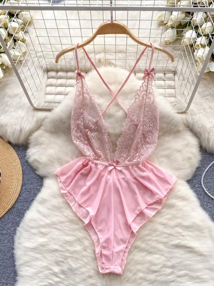 Combinaison sexy transparente en dentelle florale pour femme, avec bretelles, confortable et tendanc
