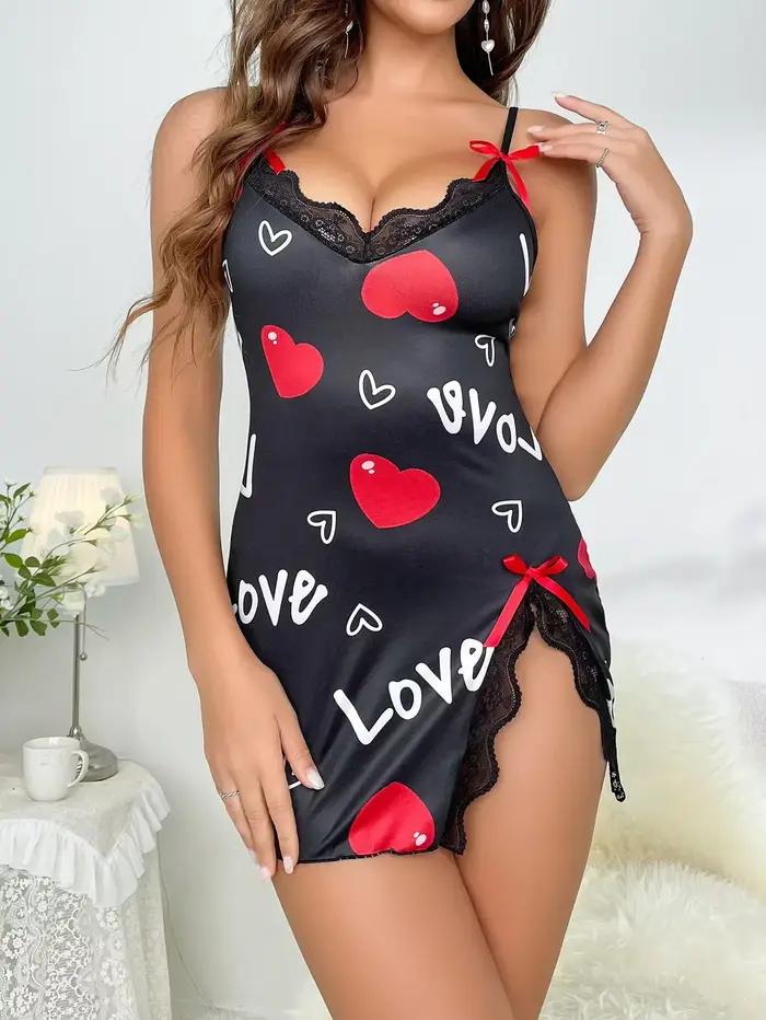 Coeur lettre florale Slip chemise de nuit dentelle garniture profonde V côté fendu robe de nuit doux