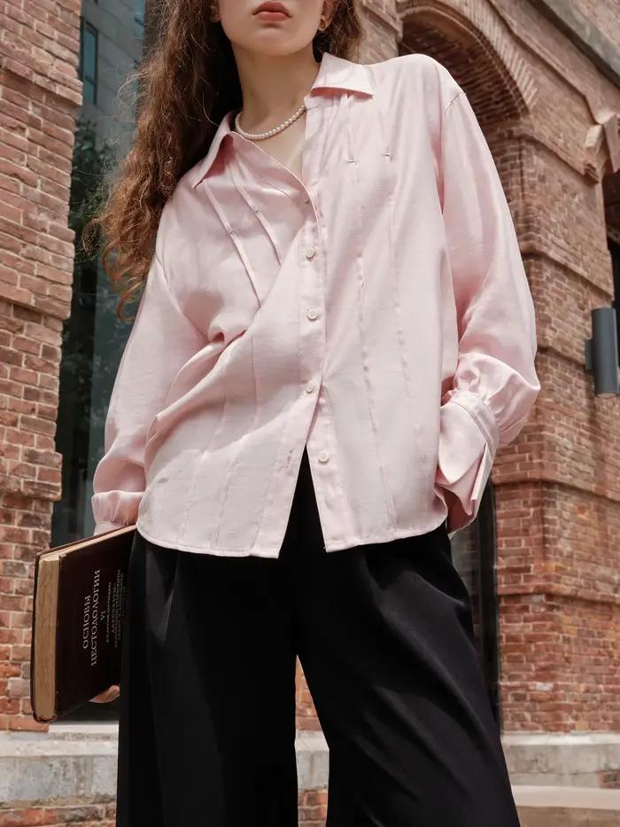 FSLE-Chemisier à manches longues et col en V pour femme, rose, à rayures, chemise de bureau, automne