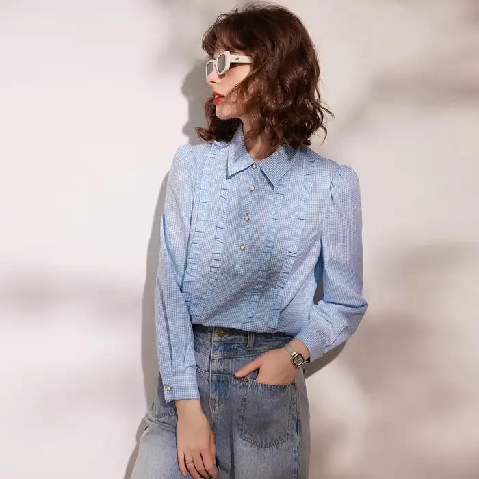 Modiis Yao-Chemise à carreaux à manches longues et bouffantes pour femme, col polo, haut élégant, pr