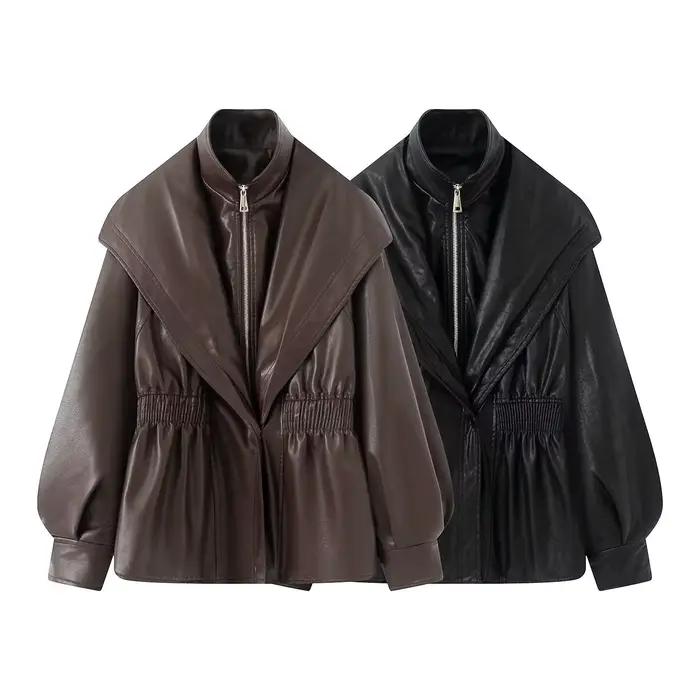 Veste en cuir Pu pour femme, manteau chaud marron avec fermeture éclair, décontracté, revers, taille