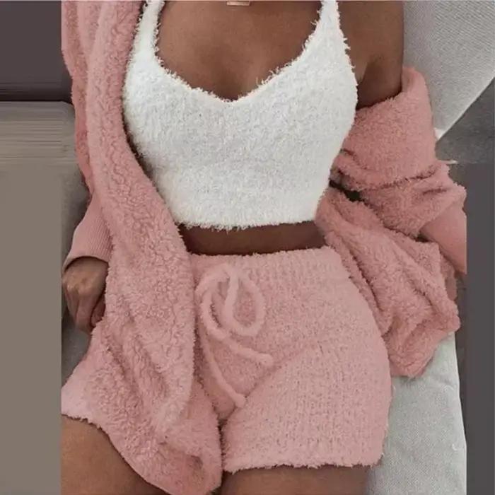 Ensemble 3 pièces en tricot confortable, pyjama moelleux pour femmes, vêtements de nuit décontractés