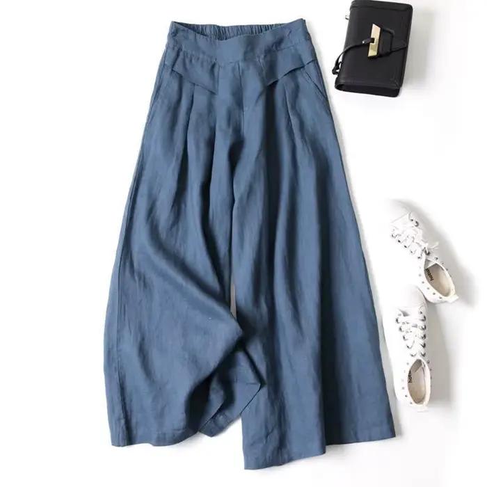 Culottes d'été pour femmes en coton et lin, pantalon large court à taille élastique, style palazzo d