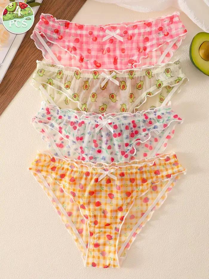Lot de 4 culottes transparentes en maille pour femme, imprimé fruits, avec volants et nœuds décorati