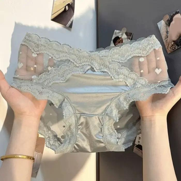 Culottes en satin de soie et dentelle florale, transparentes, avec motif cœur en dentelle et maille,