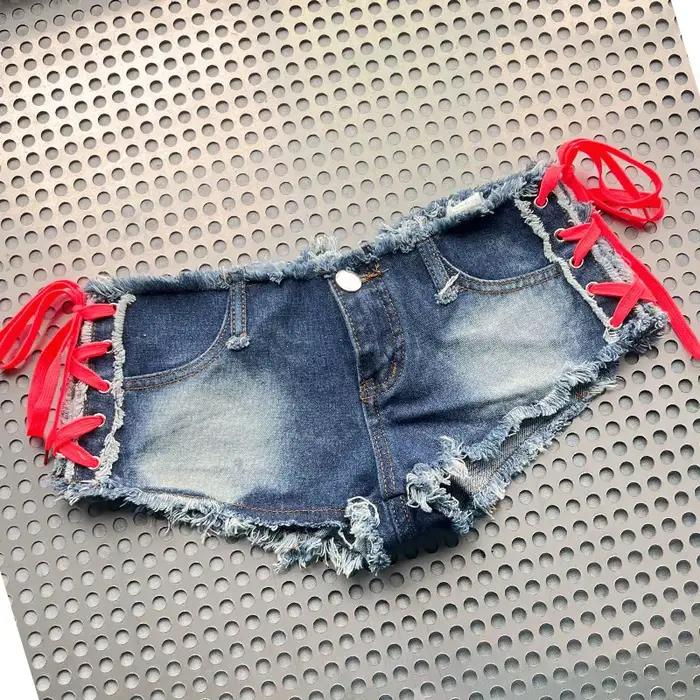 Short en jean fendu pour femmes, Sexy, Bandage latéral, taille Ultra basse, pour boîte de nuit, pôle