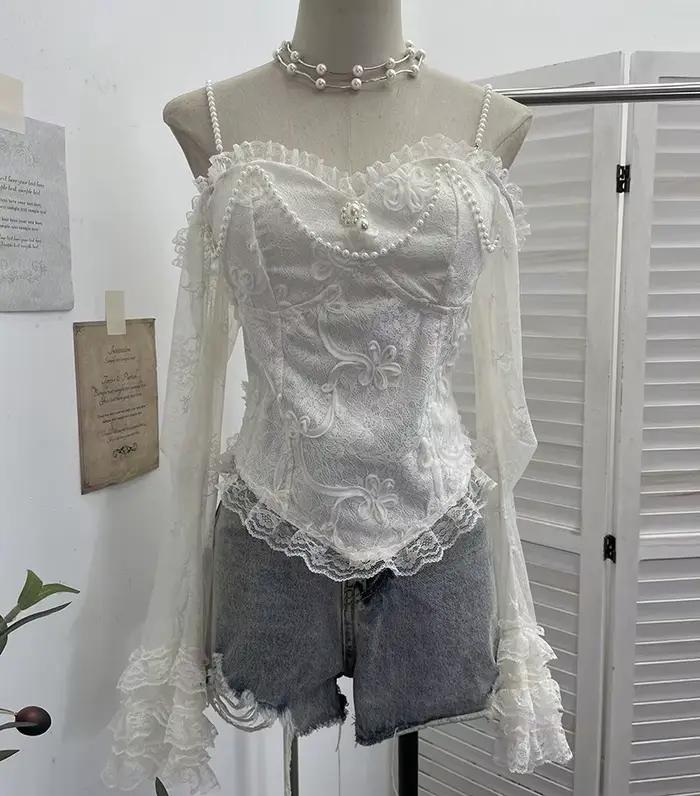 T-shirt en dentelle vintage ISAROSE pour femmes, style français, sans bretelles, imitation perles, b