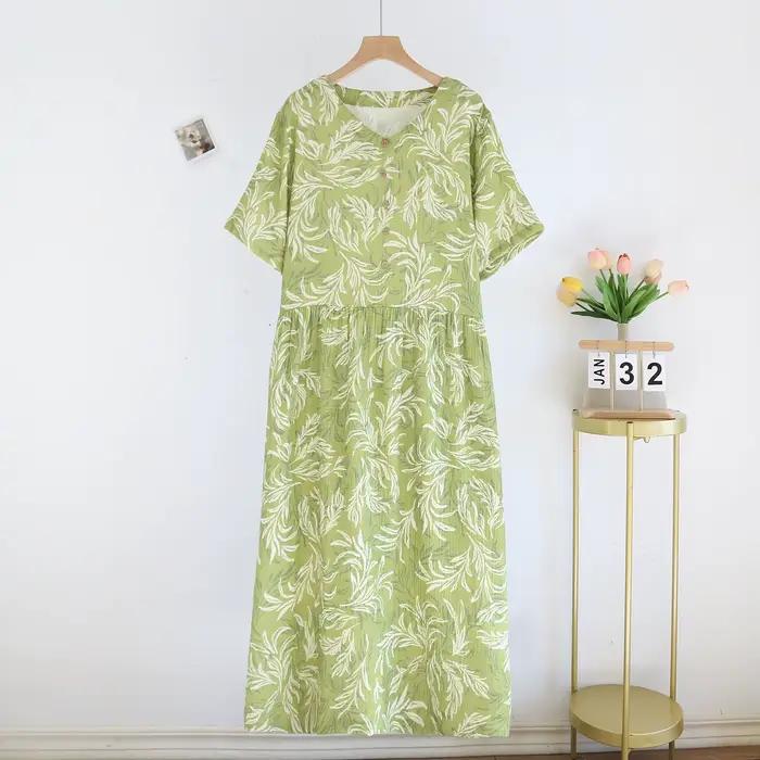 Chemise de nuit 100% coton pour femmes, jupe à manches courtes, col en v, élégante, fleur, ample, po