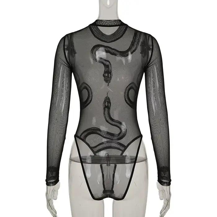 Combinaison en maille transparente à imprimé serpent noir pour femme, manches longues, col montant, 