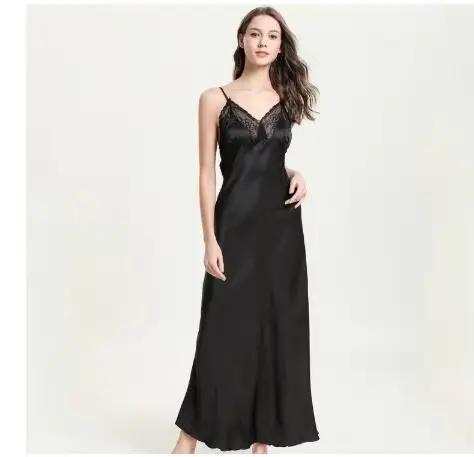 Chemise de nuit longue en Satin, Slim, bretelles Spaghetti, sans manches, robe de maison, couleur un