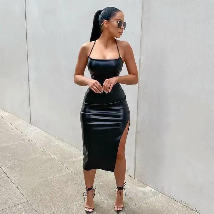 Femmes Sexy jarretelle mi-longue robe moulante mode couleur unie en cuir pansement dos nu maigre rob