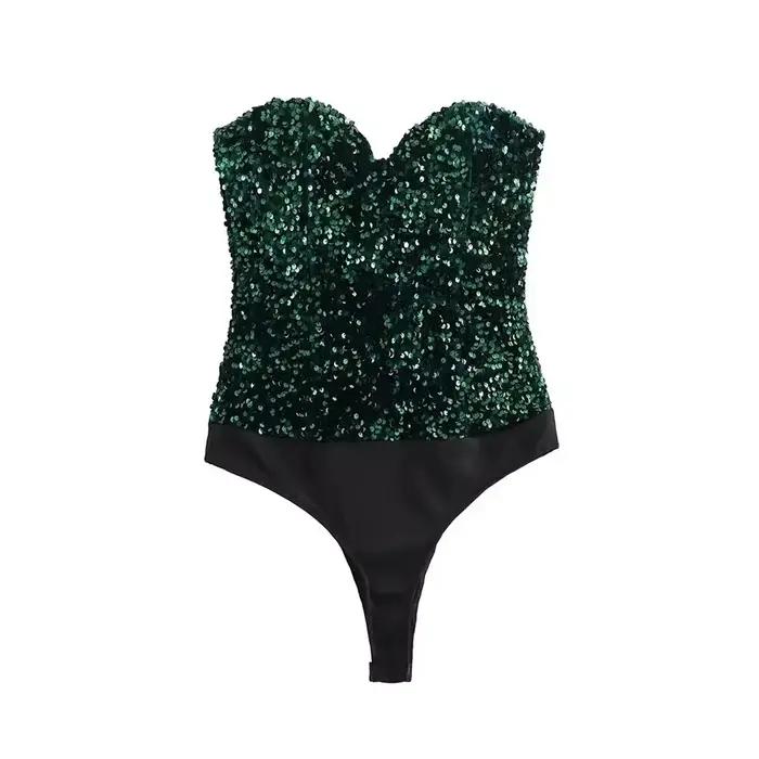 Body à paillettes sans bretelles pour femmes, body dos nu, col en cœur, combishort féminin, mode Sex