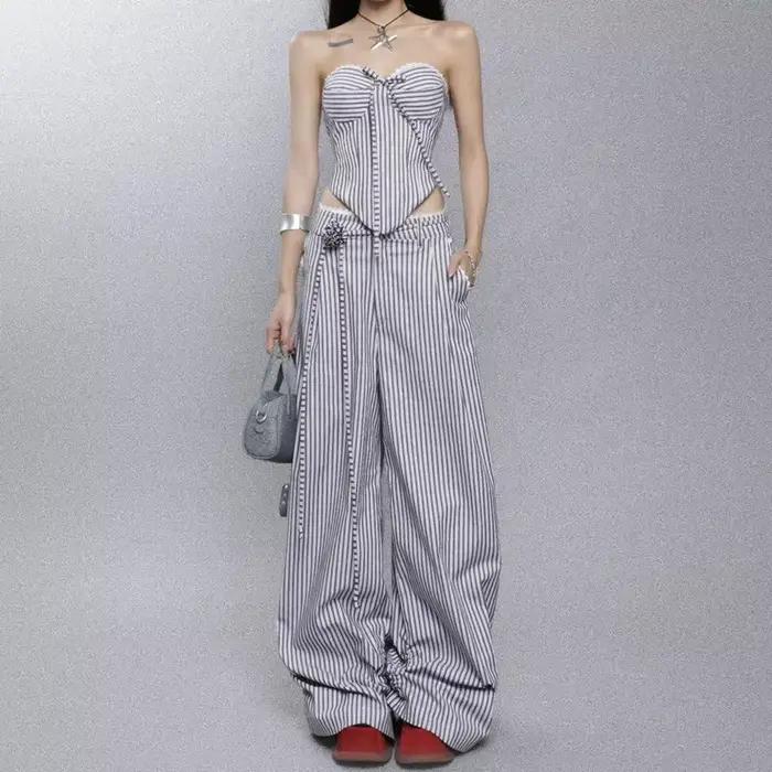 Débardeur enveloppant en forme de cœur pour femmes, pantalon Long ample et décontracté, costume rayé