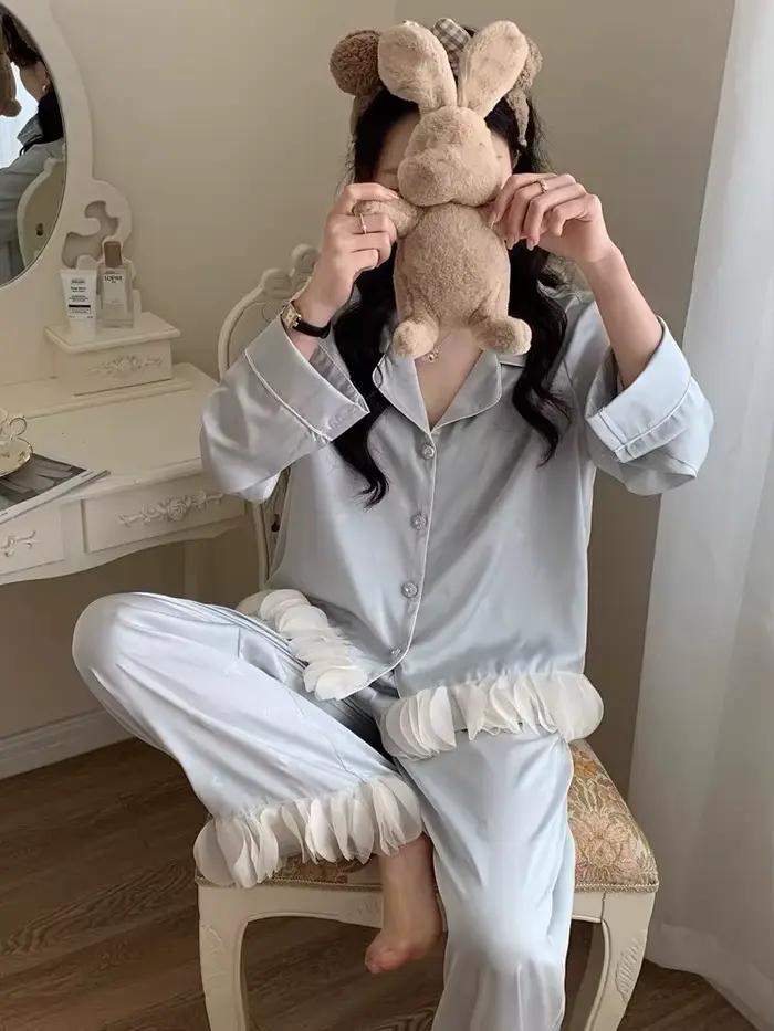 Ensemble de pyjamas à manches longues pour femmes, vêtements de nuit trempés, chemise à volants, sur