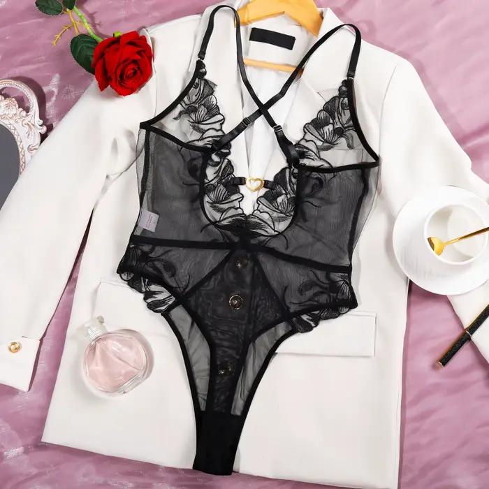 Ellolace Lingerie Érotique Femme Ultra Sexy, Body Brodé à Col en V Profond, Motif Floral Fantaisie, 
