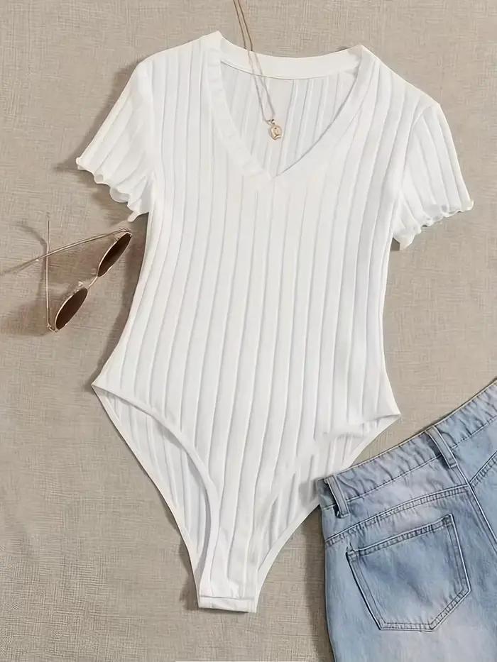 Combinaison en tricot côtelé chic pour femmes |   Haut à col en V et manches courtes |   Différentes