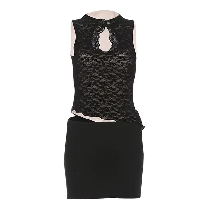 Robe Courte Sexy en Dentelle à Col Semi-Montant pour Femme, Modèle Évidé Sans Manches, Style Streetw