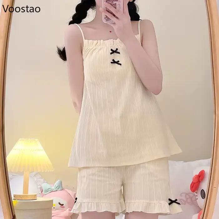 Ensemble de pyjama à nœud de style Lolita Kawaii japonais, short à volants en Y, vêtements d'intérie
