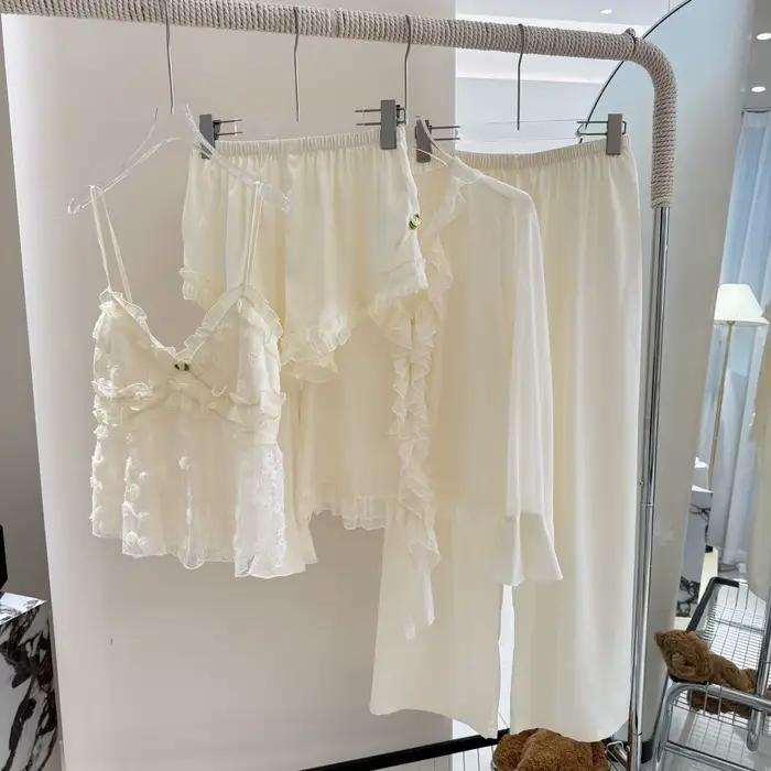 Été femmes 4 pièces Pyjamas ensemble maison vêtements Sexy dentelle chemise pantalon Cami Shorts Pij