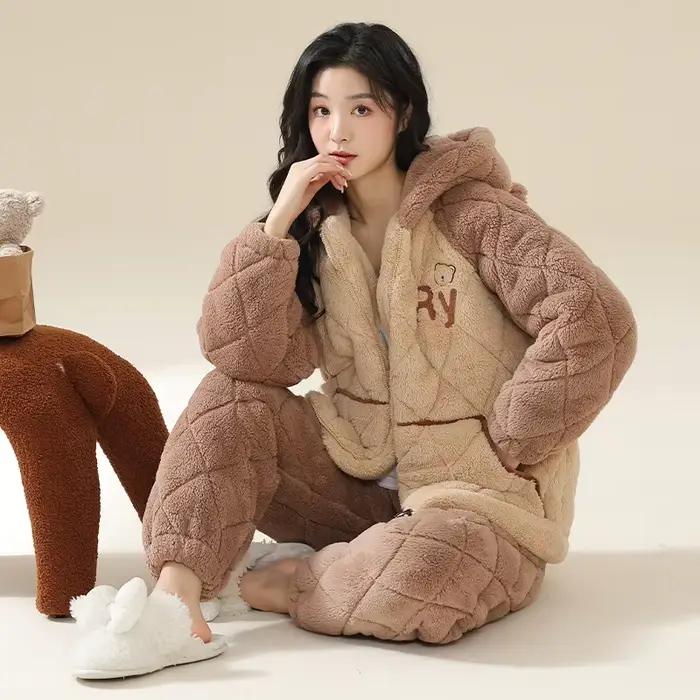 Hiver femmes pyjamas à capuche ensemble 3 couches pince coton Pijama femme épais chaud vêtements de 