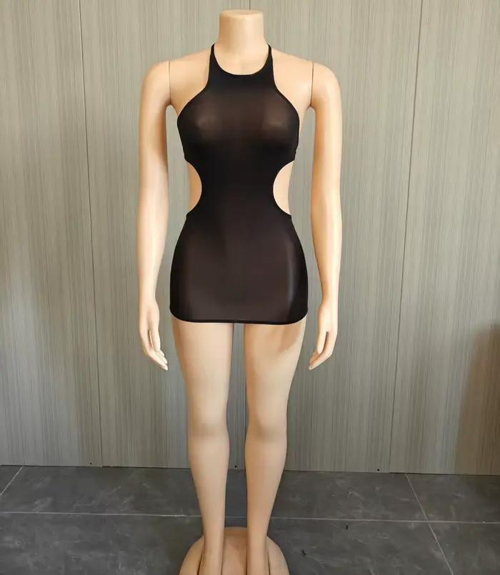 FLARORA Robe Mini Sexy Halter Dos Nu Femme en Maille Transparente Sans Manches Moulante pour Soirées