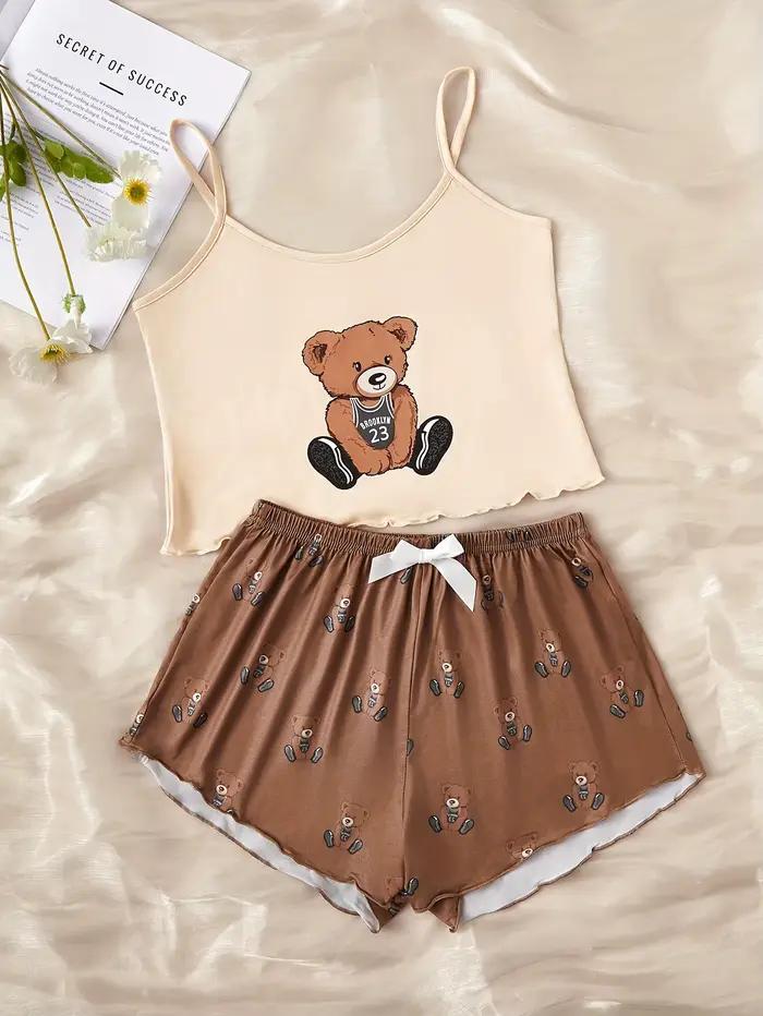 Ensemble pyjama pour femme avec imprimé ours en peluche, 2 pièces, haut de pyjama sans manches et sh