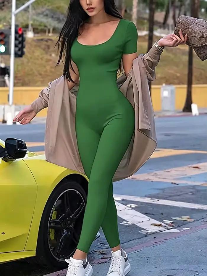 Barboteuse à manches courtes pour femmes, couleur unie, slim, batterie con, combinaisons, sport, fit