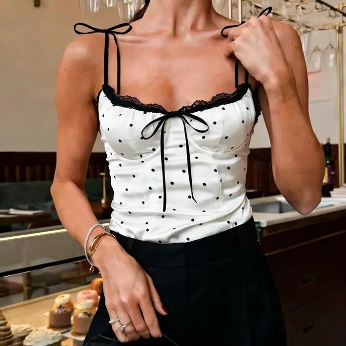 Linad – Nouveaux débardeurs sexy à pois en dentelle avec bretelles spaghetti, style chic urbain 2026