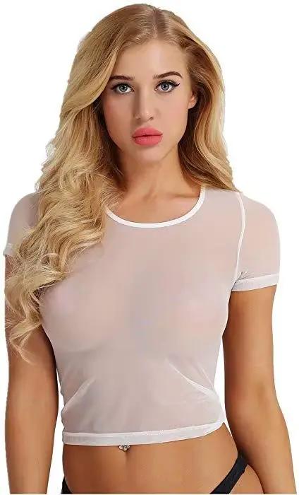 Camisole en maille sexy transparente à manches courtes, t-shirt moulant, style urbain, pour les sort