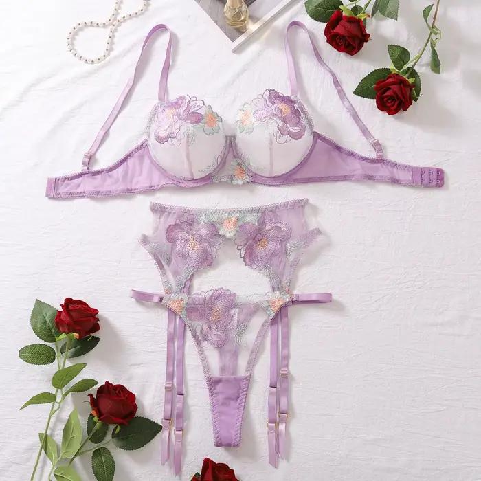 AVELINE-Ensemble de lingerie 3 pièces pour femme, soutien-gorge push-up, jarretelles transparentes, 