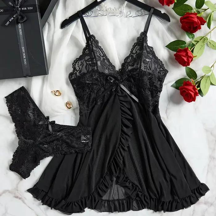 Tulle bretelles dentelle col en v vêtements de nuit sous-vêtements Semi-transparent robe de nuit fem