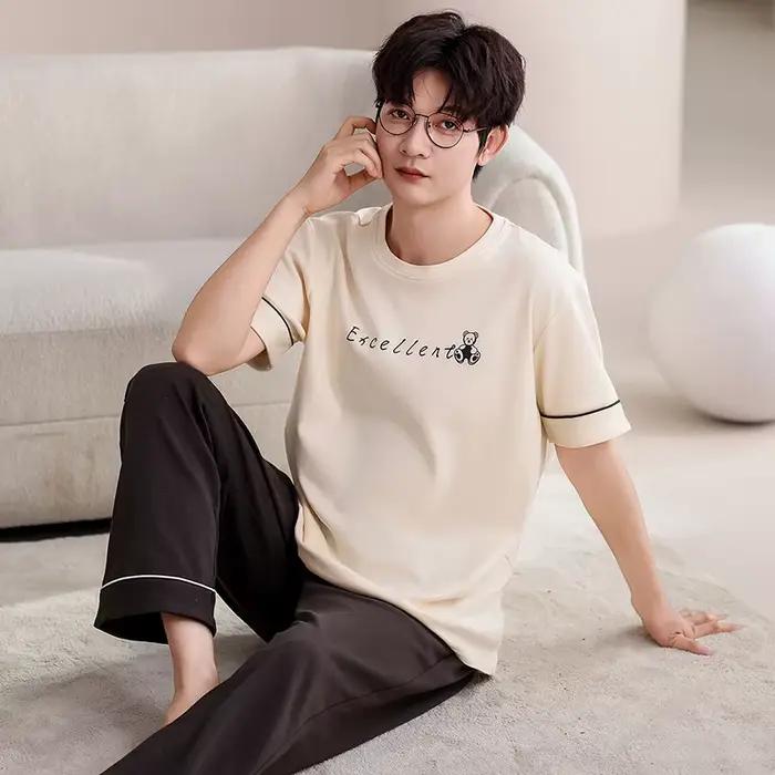 Ensemble pyjama pour Couple, 100% coton, pour hommes et femmes, haut court + pantalon Long, été