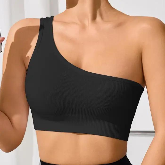 WANAYOU Soutien-gorge de yoga asymétrique à une épaule, sans couture, côtelé, coupe ajustée, pour le