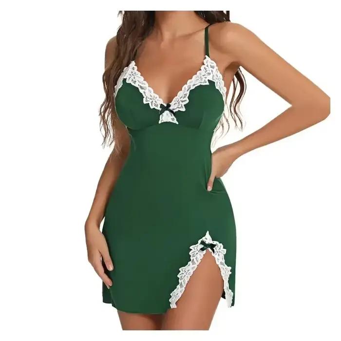 Vêtements de nuit pour femmes, robe de nuit en dentelle et satin de soie, lingerie sexy, chemises de