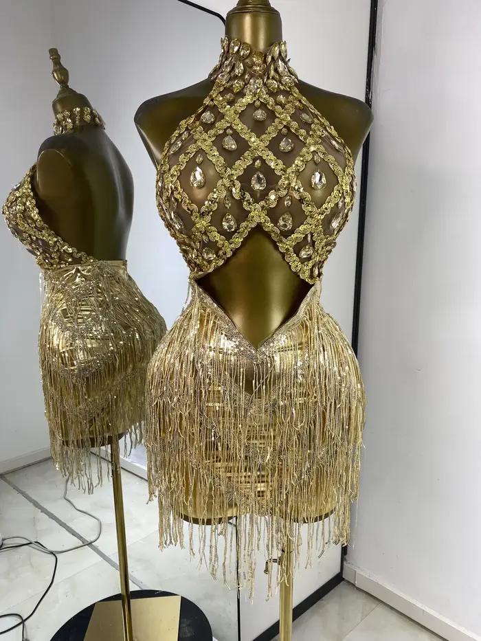Femmes or soirée Club robe de soirée Sexy licou dos nu brillant strass paillettes gland moulante Min